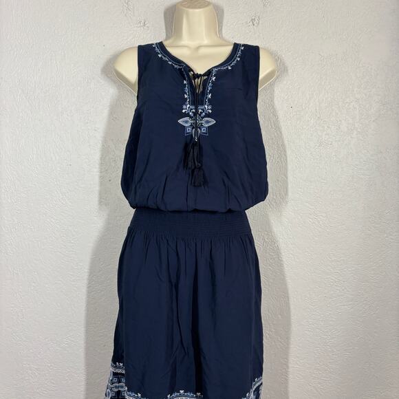 J Jill Halter Dress Navy Blue Embroidered Trim Keyhole Sleeveless Spring - M - Picture 4 of 9